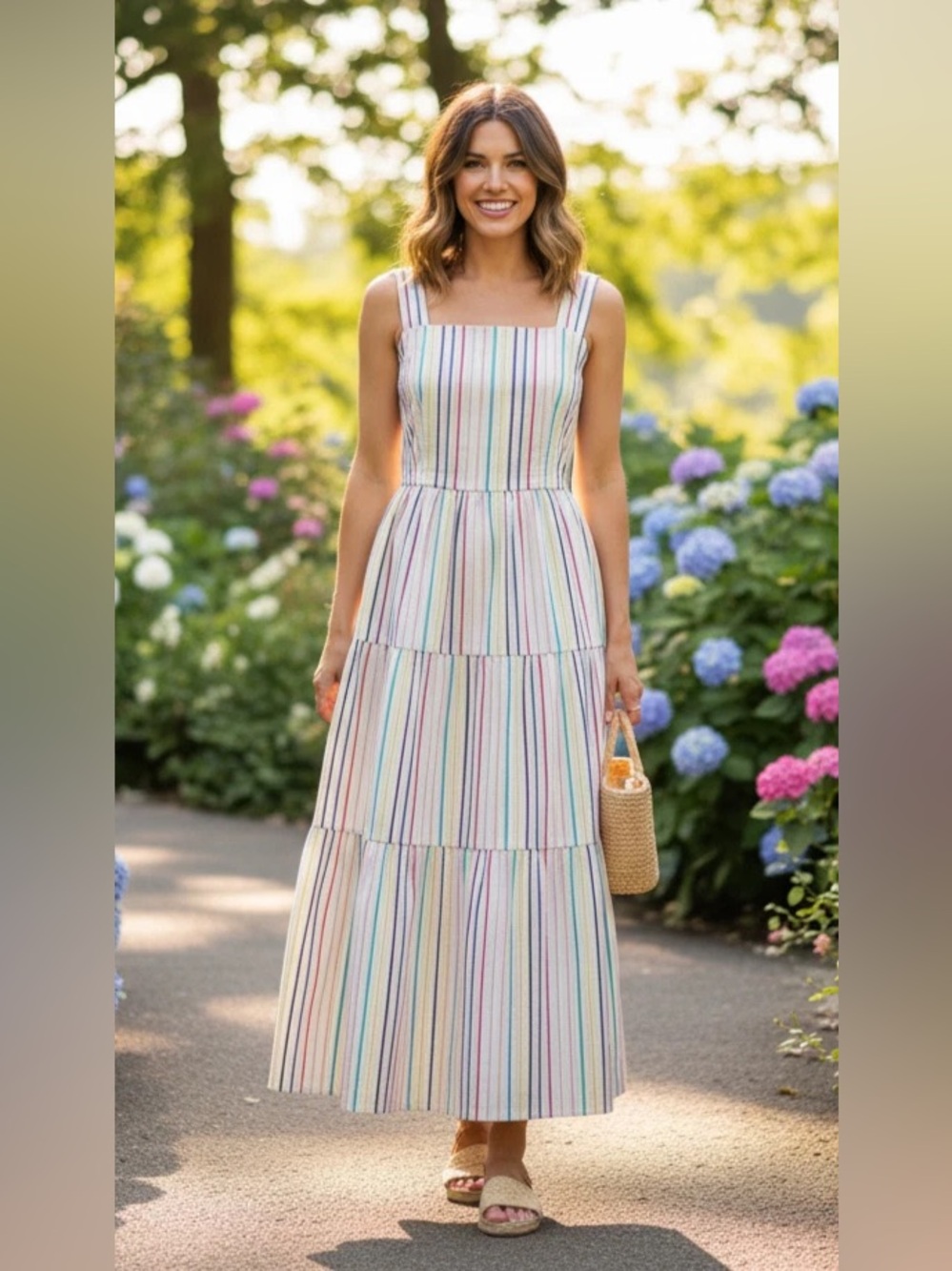 J Crew Tiered Rainbow Stripe Maxi Dress in Cotton Poplin